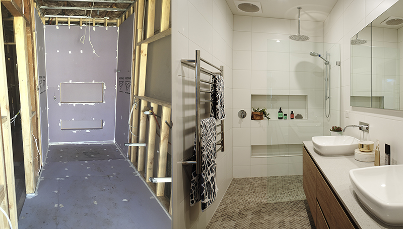 A showerbase full wet area system, before & after. 